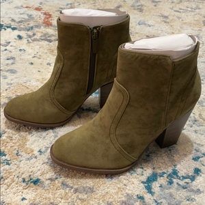 Faux Suede Chunky Heel Booties - Olive Green